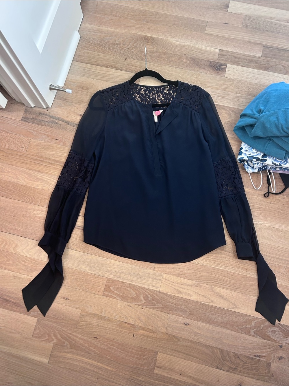 Rebecca Taylor Silk Women’s Navy Lace-Trim Long Sleeve Blouse